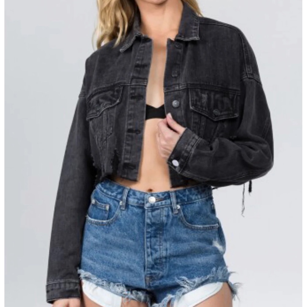Cropped Denim Distressed Jacket